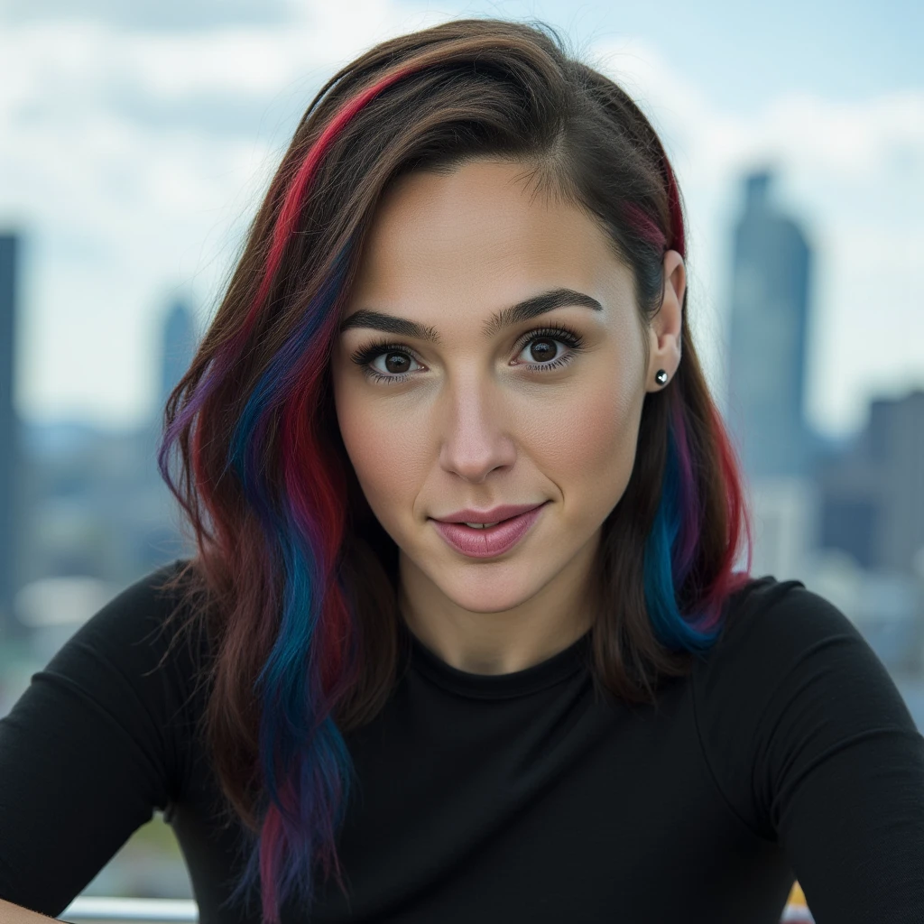 "An ultra-high-resolution, hyper-detailed, photorealistic portrait of, gldwx woman, Hairstyle: Asymmetrical style with one side shaved closely, creating an undercut look. The mediume hair on the opposite side flows naturally to about chin length. Texture: Sleek and smooth, with a slight natural wave , dark brown base, with red and blue highlights , The hair is parted to the meduime  side, emphasising the contrast with the shaved side. she is sitting on a payment,  her legs folded, overlooking cyberpunk cityscape,  wide angle, side profile shot.
