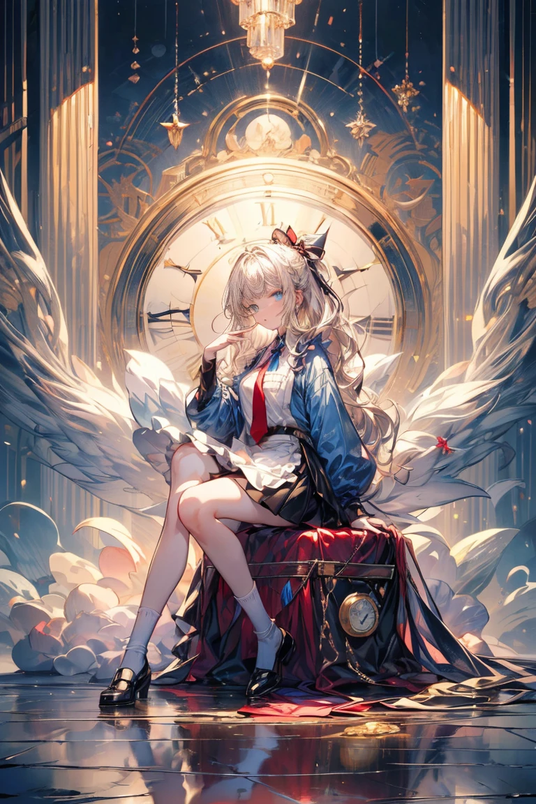 (high quality, mystery, Beautiful and generous, Ideal body proportions, Impressionism), (Ultra-high resolution, 8K Original Photo, Photorealism, Natural Lighting, Textile Shading), (1. A:1.3, Solitary:1.5, :1.1), (Fractal Pattern Art:1.2), Smooth skin, Tile pattern, ((Alice in Wonderland:1.2, Girl floating in the air:1.5, Smile with half-closed eyes)), ((Flying cards, trump card, Floating teacups, Floating teapot, Pocket Watch:1.3, Large mirror, Lipstick)), Cute anime white rabbit, ((Dark blue dress :1.5, mini skirt, White apron, White socks)), (Platinum gold, Tie your hair with a ribbon), (blue eyes, Bright students and highlights, Delicate eyes), (Supine:1.2, Lean Back:1.2, Leg lift:1.3), ((Hook of Holland:1.5, whole body:1.3, From below)), Different tone wallpaper, Color images, Simple background, excellent, fantasy:1.5, ((Correct anatomy:1.5, The right hand))