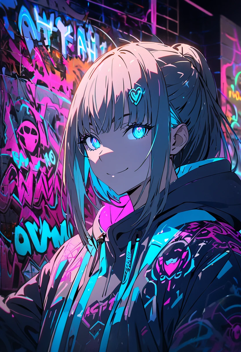 masterpiece,  best quality, 8k, detailed background, masterpiece,  best quality, smile,  ornament with yam,  HOODIE, Portraiture, Neon Blue, graffiti, dark, night, Shining Eyes,  black light,Luminous Valentine