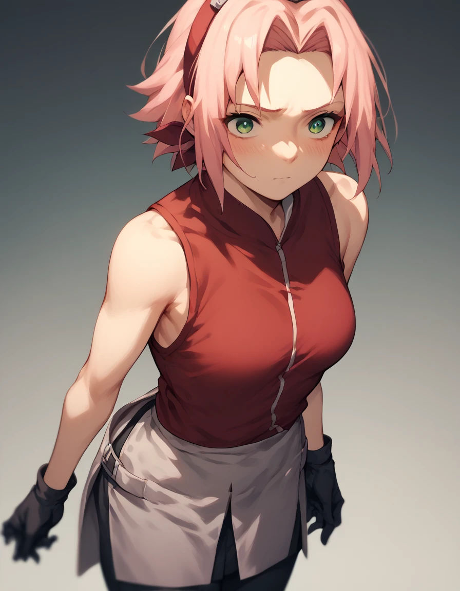 Sakura Haruno from Shippuden Green eyes, short pink hair, black gloves, short gray skirt, red sleeveless shirt, and tight black pants that reach her thighs And lifts her skirt 