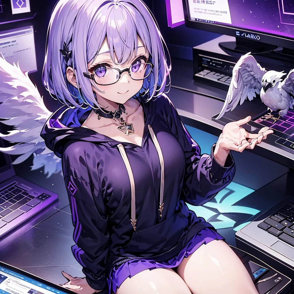 solo1.3、Hold a shiny silver cube in your right palm1.7、 High Quality、Bird's-eye view from above composition 1 .3、Seiko no Hand 1 .3、 black bob cut、 sitting on the purple cube in front of the monitor 、black simple hoodie and purple mini skirt 1.6、 Fleshy Thighs 1 .3、Angel Girl Sandalphone 1 .4、Confident smile without opening 1 .1、black rimmed glasses 1.4、dark room 1 .6