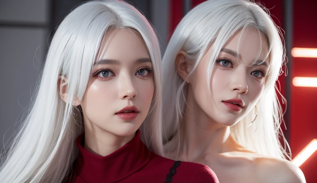 (best quality,portrait:1.2),pale skin,long rooted white hair, elongated bob hairstyle, blue eyes, pale thin lips, white t-shirt,black leather jacket, skirt, eyeliner, perfect body, ((big breast, big hips)), detailed body, full body, super detailed, 8k