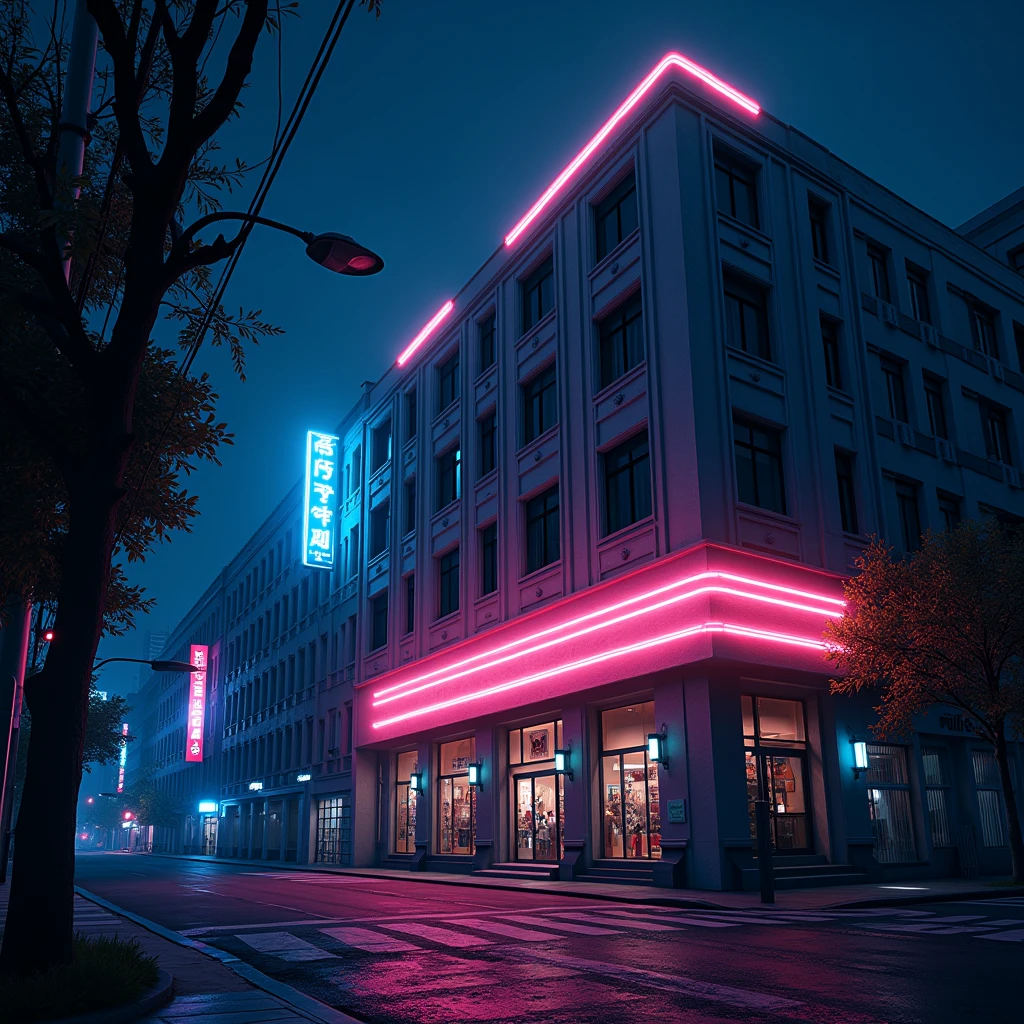 Cinema，Exterior view ，Building close-up，night， neon lights ，illumination，CinemaExterior view ， anime style， HD quality 