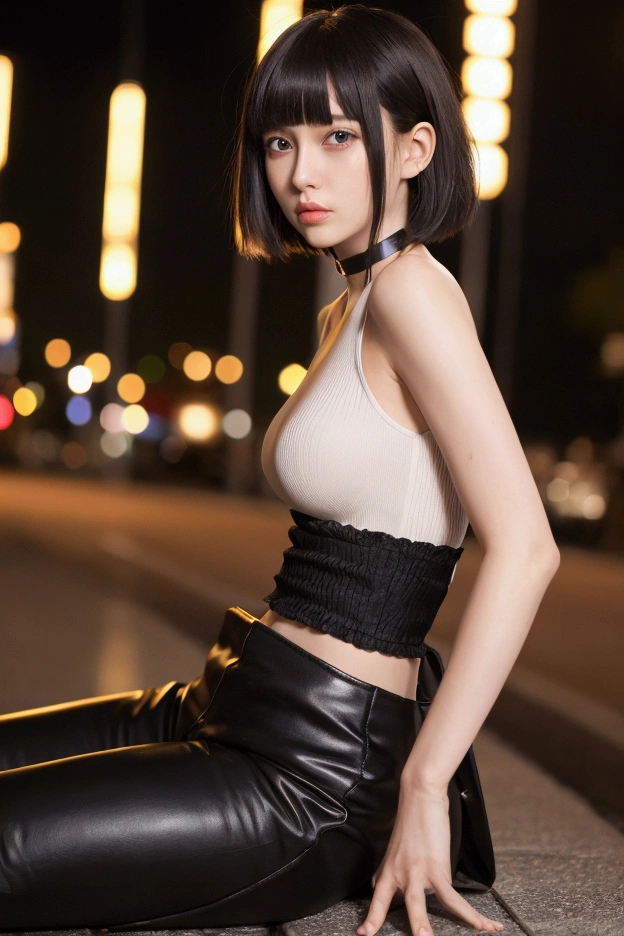 masterpiece, best quality, ultra-detailed),(1girl), blue eyes, short hair, brunette, dynamic angle, dynamic pose, natural lighting, floating, (colored top:1.2|black top), (tight skirt:1.2|leather pants:0.9), (silver bracelet:1.2|watch), (natural background:0.8| cityscape), (smiling:0.8| serious expression), (light in the hair), many drops of water:0.8