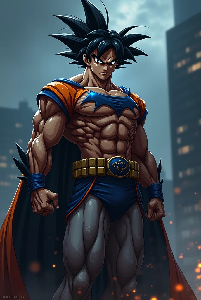 full body, Goku Super Saiyan 3, with batman costume, magical energy furiously circulating his body, looking at the viewer, look of fury, mouth closed, fighting stance, in a completely destroyed city, masterpiece, anime, 8k, anatomy correct,