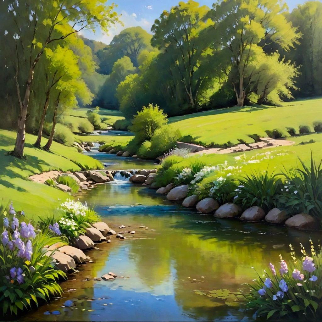  in a peaceful idyllic setting ， complex background ， Lush green ，Flowers and a serene stream ，landscape，painting，Natural Lighting， Pastel Palette ，Film composition