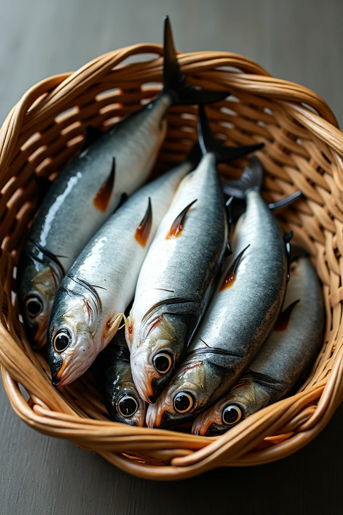 depict several rastreliger fish in a woven bamboo basket