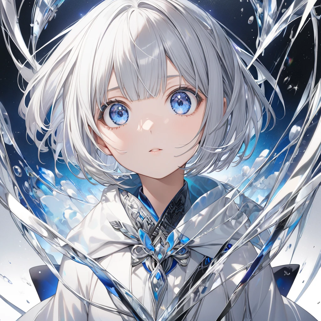 White haired man, standing and looking at the camera, he have white hair and blue eyes, the background is dark filled with countless blue eyes all eyes staring at the camera, boy, many eyes on the background