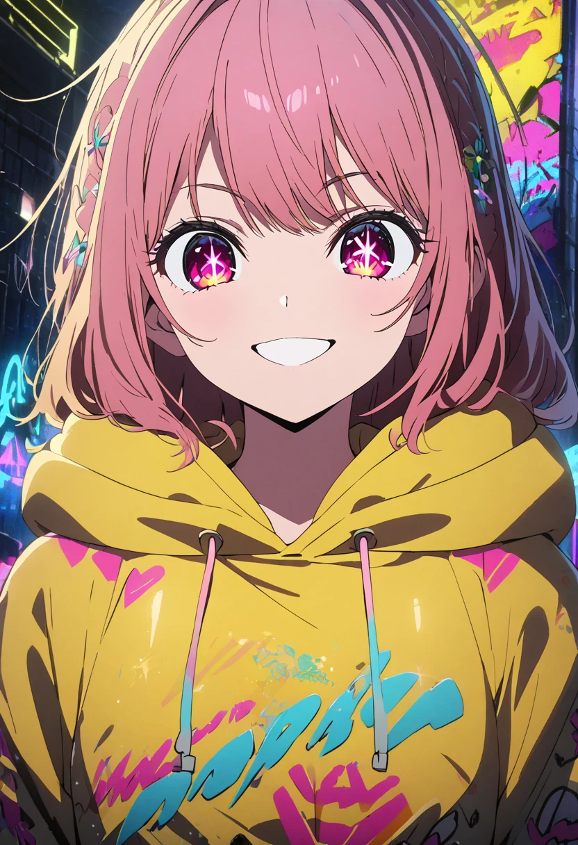 masterpiece,  best quality, 8k, detailed background, masterpiece,  best quality, smile,  ornament with yam,  HOODIE, Portraiture, Neon Yellow, graffiti, dark, night, Shining Eyes,  black light,Hoshino Ruby