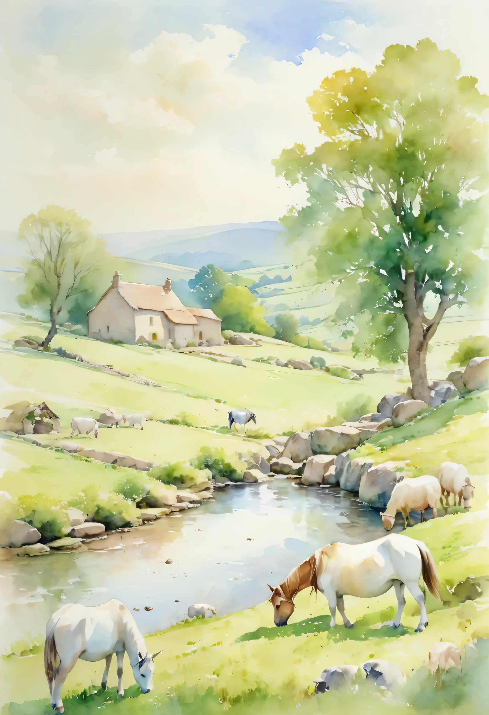 This idyllic, pastoral watercolour concentrates the tranquil essence of a pastoral idyll. Rural beauty. Horses graze and goats play on rocks where they sunbathe. In the background, sheep graze lazily, providing a sense of stability and calm. The tone is soft, with earthy colours and gentle pastels.