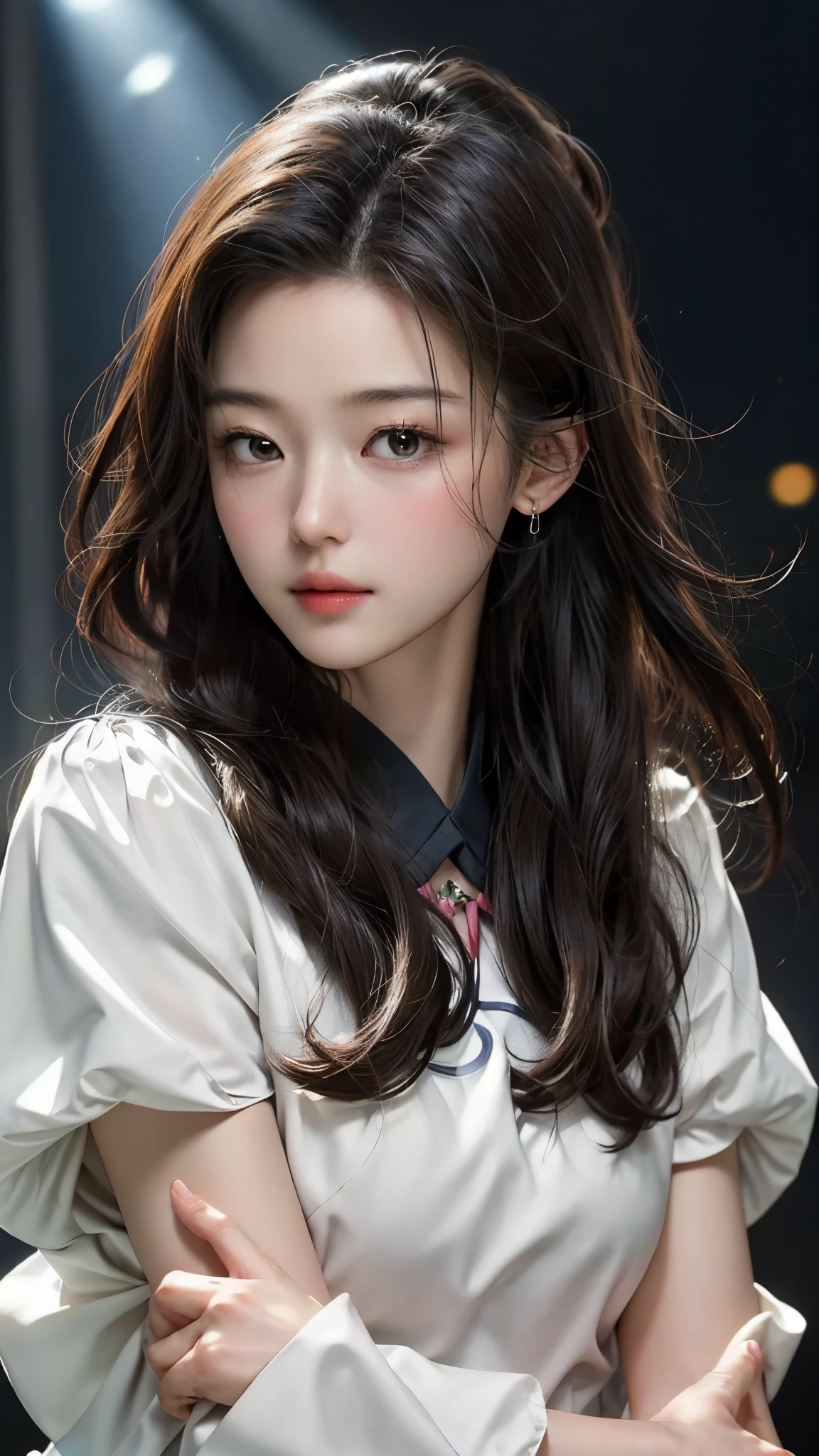 (masterpiece), ( top notch ), ( High Quality Details ), (illustration), (1 woman), is watching the audience, (Interview), Beautiful, detailed eyes , Hair length is random , Floating , (High saturation), (shining), Bright and beautiful face, Her skin is young, radiant, , 공정하고 shining, Best appearance , Very beautiful, beautiful and amazing beautiful girl ,
