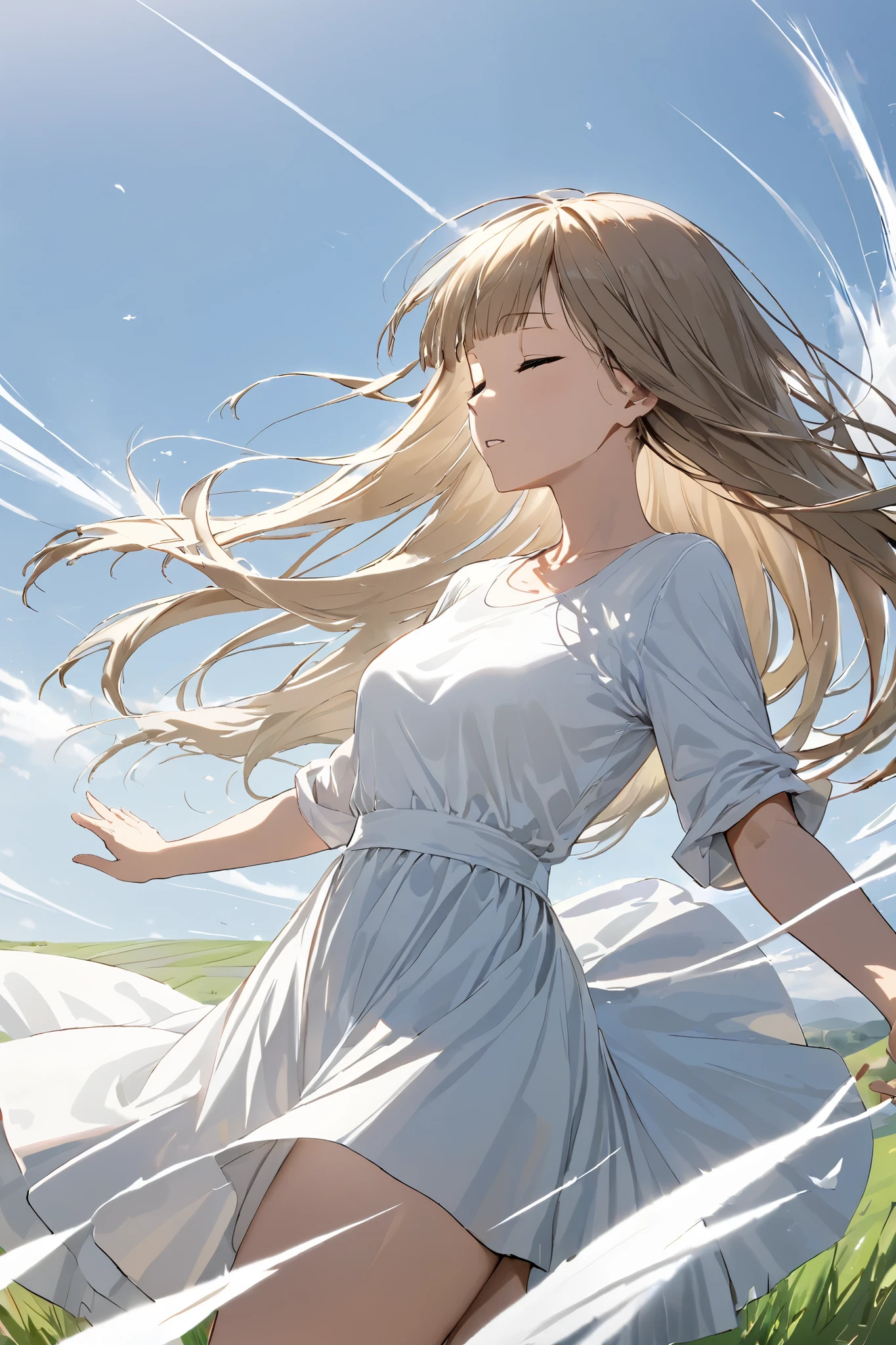 from side ,Wind effect lines, wind depiction,A woman in a white one-piece dress on a hill with a view of the countryside, hands outstretched wide, wind blowing all over her body, eyes closed, calm expression, skirt spreading in the wind, ,Beautiful thighs, hand, {{masterpiece}}, {{{Highest quality}}},{{Very detailed}},,Straight hair,Long hair , blunt bangs,,,(((white background))),