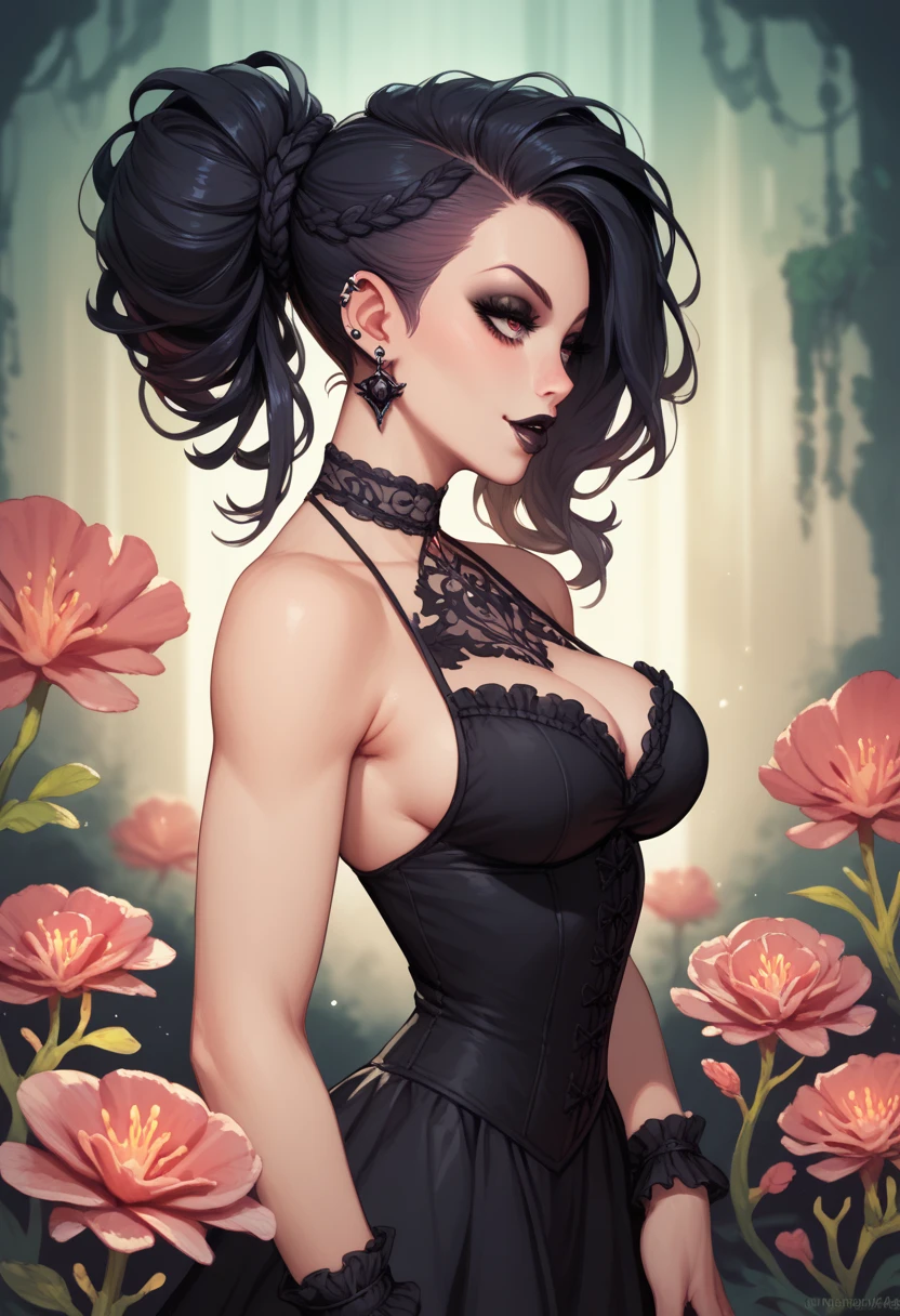 big titty goth milf with short black hair, fishnets, black crop top, tight black skirt