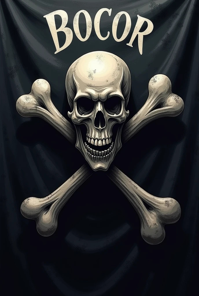 Pirate flag with crossbones with the name BOCOR, and skeleton black skeleton