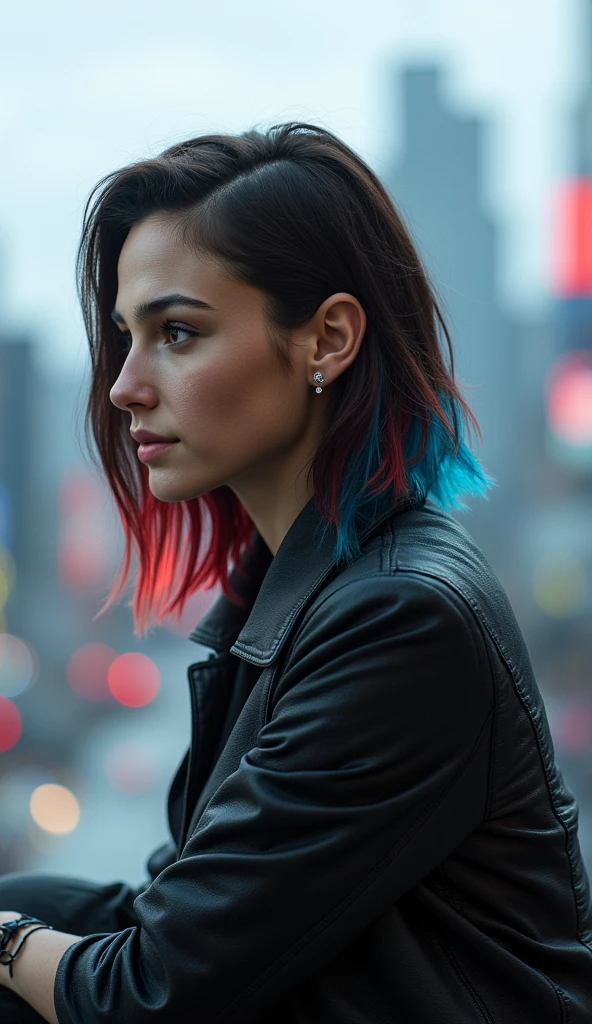 "An ultra-high-resolution, hyper-detailed, photorealistic portrait of, gldwx woman, Hairstyle: Asymmetrical style with one side shaved closely, creating an undercut look. The mediume hair on the opposite side flows naturally to about chin length. Texture: Sleek and smooth, with a slight natural wave , dark brown base, with red and blue highlights , The hair is parted to the meduime  side, emphasising the contrast with the shaved side. she is sitting on a payment,  her legs folded, overlooking cyberpunk cityscape,  wide angle, side profile shot.
