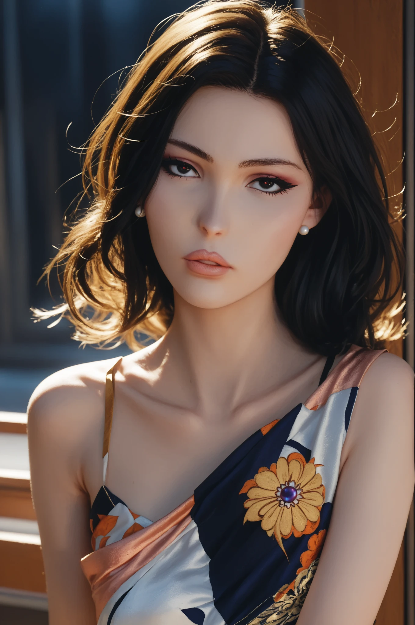 Create a full-body illustration of a petite (5'2"), European, elf-like female character with regal features. She has an oval face, a heart-shaped mouth, and a serious expression. Her almond-shaped eyes are black. Her reflective blue-black hair, styled in a low doughnut bun with side-swept bangs, is adorned with a slightly tilted red French beret. Pearl earrings accentuate her pointed ears. The character's outfit is elegant and incorporates white and black seigaiha patterns with accents of gold. She wears a fitted, layered white kimono-inspired blouse with short sleeves and black stripes, with a golden silk scarf tied around her neck. The ensemble is completed with a black umanori hakama, tied at her waist with an ornate knot. Mismatched tights add asymmetrical flair—one leg features fishnet material, while the other has a bandage-style wrap securing a holster at the thigh. Black ankle boots with white spats lend an antique touch to the look, while a golden Kyuudou-style yugake glove completes it. The background is textured and white, enhancing the ethereal, calming atmosphere. The artwork should be in refined anime realism, inspired by Guweiz and Ilya Kuvshinov, with a focus on an ethereal, calming atmosphere and dark, cool-toned colors. Refined anime realism, 8k resolution, HDR, smooth gradient colors, dramatic lighting, gradient shadows, soft shading, polished finish, clean rendering, detailed textures, high-res illustration, clear and crisp lines, (best quality:1.3), (fashionable luxury outfit), lace trims, (classic fashion), (cotton and silk), serious expression, almond-shaped black eyes, stylized expressions, harmonious facial structure, clear and glowing skin, expressive face, elegant facial details, long eyelashes, (European-inspired beauty), (porcelain skin tone), (rosy lips), (full lips), (delicate jawline), (sculpted cheekbones), (glossy finish), aesthetic layout, harmonious color schemes, well-composed, centered subject, low doughnut bun, fishnets.