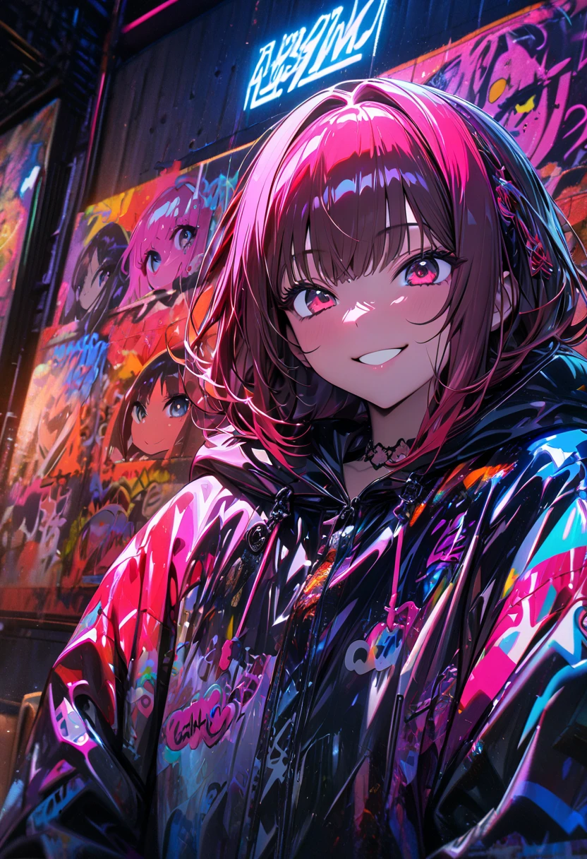 masterpiece,  best quality, 8k, detailed background, masterpiece,  best quality, smile,  ornament with yam,  HOODIE, Portraiture, Neon Red, graffiti, dark, night, Shining Eyes,  black light,Arima Kana