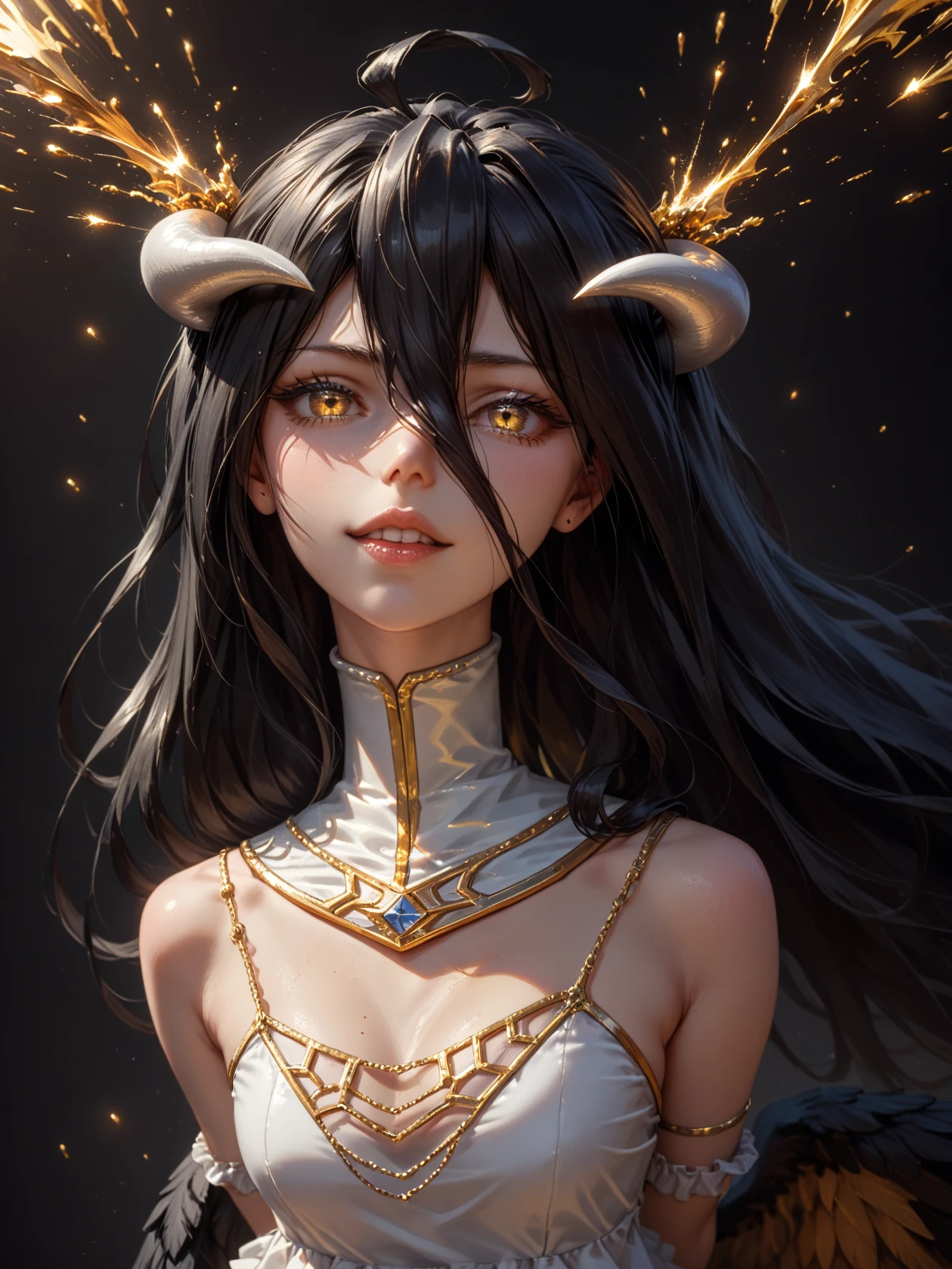 high resolution, sharp focus,  Pixiv, ((intricate details)), highly detailed, 1 , Black wings,  Gold-white dress ,  white horns , albedo_supreme lord,  black hair , (low,:1.1),  upper body,  black background, Gold Dust, Golden sparks, Gold Particles , (( arms behind the back)), 