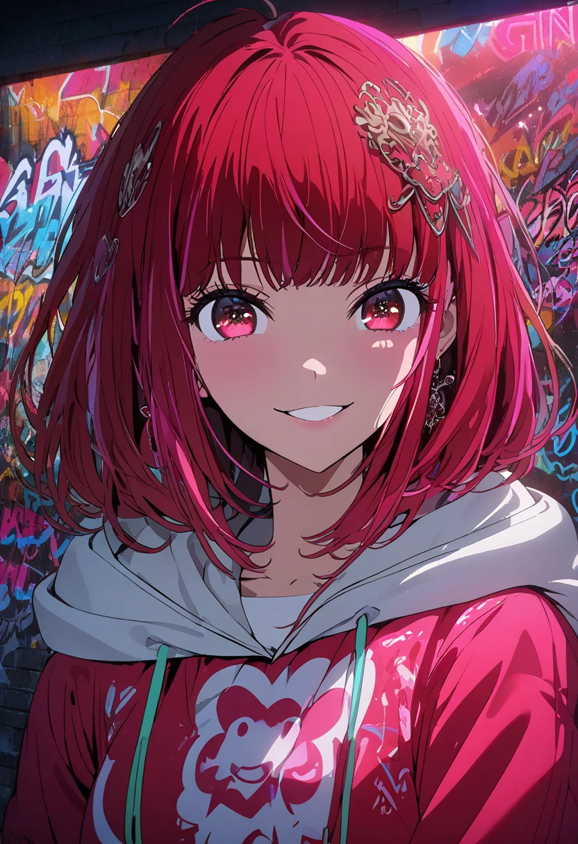 masterpiece,  best quality, 8k, detailed background, masterpiece,  best quality, smile,  ornament with yam,  HOODIE, Portraiture, Neon Red, graffiti, dark, night, Shining Eyes,  black light,Arima Kana