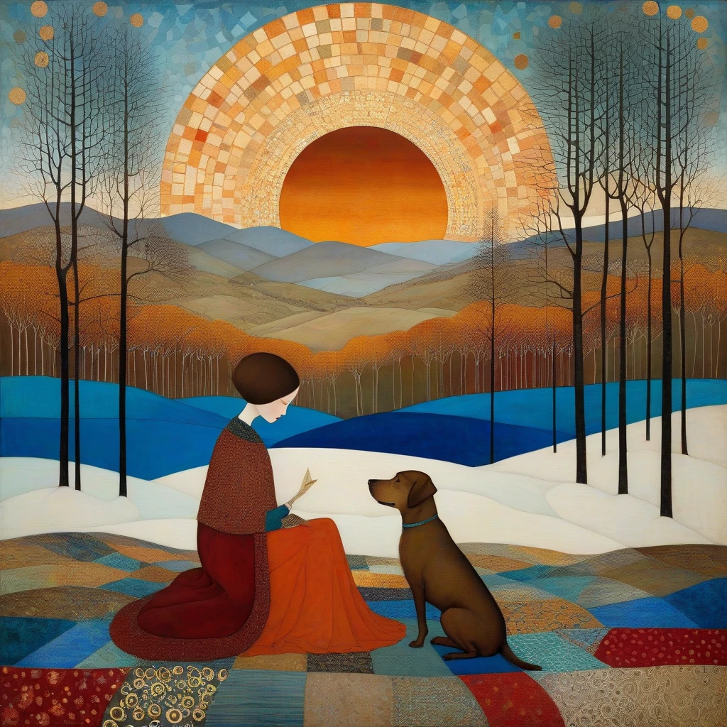 In the style of Klimt, Sam Toft, Florine Stettheimer, Dina Wakley, Catrin Welz-Stein, Gabriel Pacheco, Elisabeth Fredriks. In a forest clearing in winter, a woman is sitting, together with her (brown) Labrador dog, on a large patchwork blanket. Behind her is a wide valley with high snow-capped mountains. Sky with irregular glass rectangle pattern, sun disc in rectangles of different heights. Shades of colors, orange, red ochre, blue.