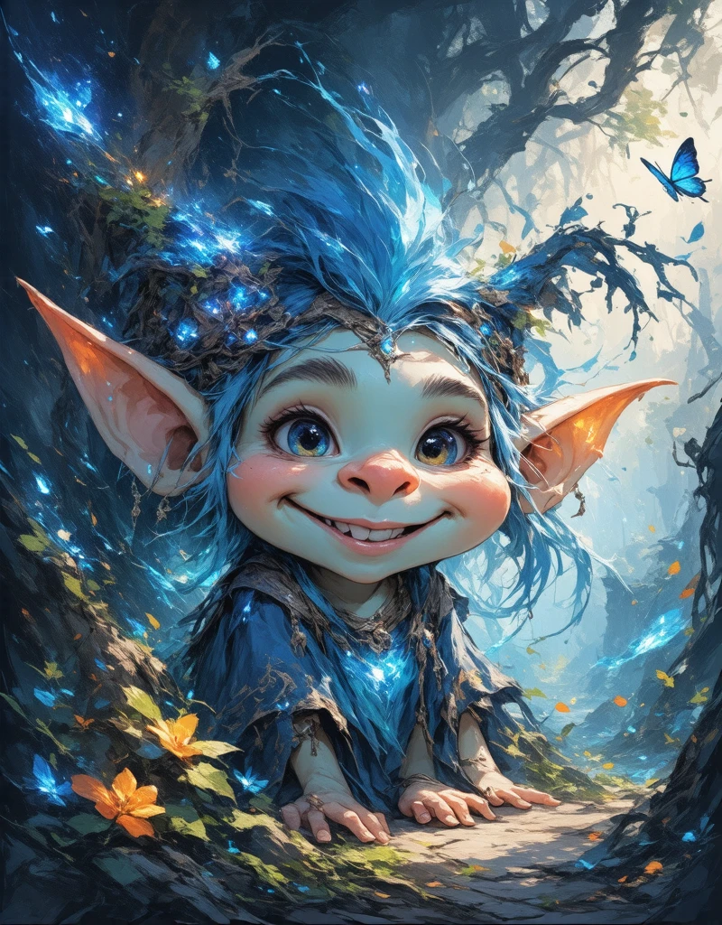 art by Victoria Frances, cute troll, an ultra hd detailed painting, digital art, Jean-Baptiste Monge + Andy Kehoe + Lev Bartenev style, splash, Glittering, irredescent sensual eyes, cute and adorable, filigree, rim lighting