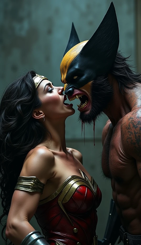 "Create an ultra-high-quality, realistic close-up scene of Wolverine brutally overpowering Wonder Woman in a violent, intense battle. Wolverine, in his classic yellow and blue suit, is shown with bloodied claws, fiercely slashing through Wonder Woman's armor. Wonder Woman, in her iconic armor, is depicted in a state of struggle and pain, with visible wounds and her face contorted in agony. The battlefield around them is littered with debris, smoke, and bloodstains. The lighting is harsh, casting deep shadows and highlighting the raw violence of the scene. Focus on the brutal details, such as the blood splatter, torn flesh, and the fierce expressions on both characters' faces, making the moment feel visceral and impactful."