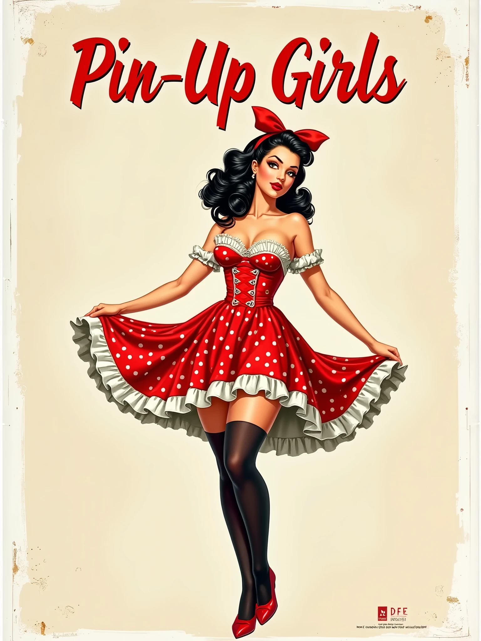 Full length photo of a girl squinting her eyes, realistically portraying a 35 year old woman as sexy Phoebe Tonkin and emotional she has big green eyes. She has brown hair, one eye is closed creating a mysterious and sexy image. Model dressed in pin-up style, Bob hairstyle. Her plump red lips make her look sexy. She has small breast size. She imitates an American housewife squinting her eyes., posing in various sexual positions. Against a white background, she appears in a red retro dress with large polka dots with a fluffy, voluminous ballerina skirt. She has a red bandana on her head, and on her feet there are red stockings. The photo is made in pin-up style, emphasizing the retro-USA vibe. She pursed her lips into a tube, her mouth slightly open and her eyes narrowed. , she has very big lips, her lips are big and red, one eye is closed, she laughs, she is very thin and tall, улыбается lips pursed into a bow shape