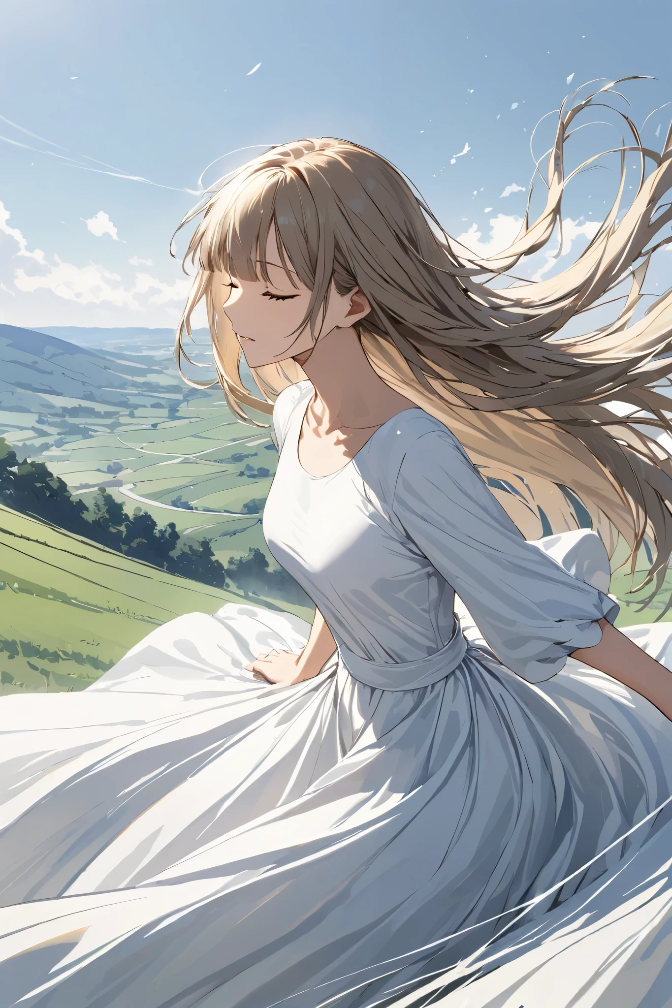 from side ,from above,Wind effect lines, wind depiction,A woman in a white one-piece dress on a hill with a view of the countryside, hands outstretched wide, wind blowing all over her body, eyes closed, calm expression, skirt spreading in the wind, ,Beautiful thighs, hand, {{masterpiece}}, {{{Highest quality}}},{{Very detailed}},,Straight hair,Long hair , blunt bangs,,,(((white background))),