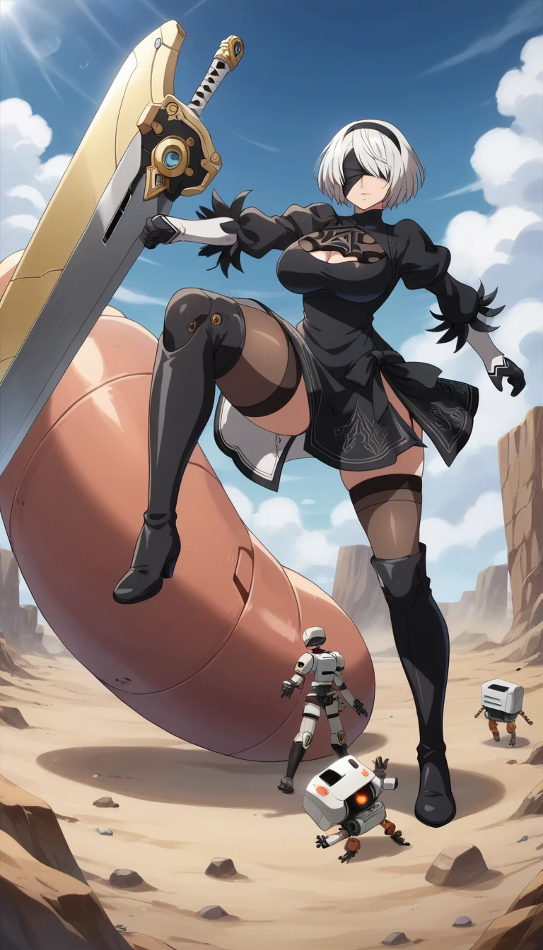 Prompt: (huge gigantic super mega hyper:1.2),(biggest round giant massive :1.2), (only one women) , front view,fighting robots,robot attack, fighting,desert,sword,robot in background,sexy poses, 2b fighting robots, source_anime,masterpiece,best quality,highres,absurdres,official art,official style,source_anime,anime screencap,anime coloring,megami magazine,anime,animated,explicit, shiny skin,large breasts,  white hair ,short hair, 2b ,black dress,nier automata,blush,2b fighting robot, side, on side,   2b, sexy