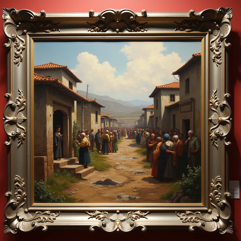  Oil Painting Painted The Work of Art on Exhibition Huge ,  The Painting Depicts In Brushstrokes Rural Life of its hardships and resentment Picture a Masterpiece, Art Painted , 8 k, complex picture,  better quality,  Frame Engraved from Leaf Patterns Pollinated Silver with Brass ,