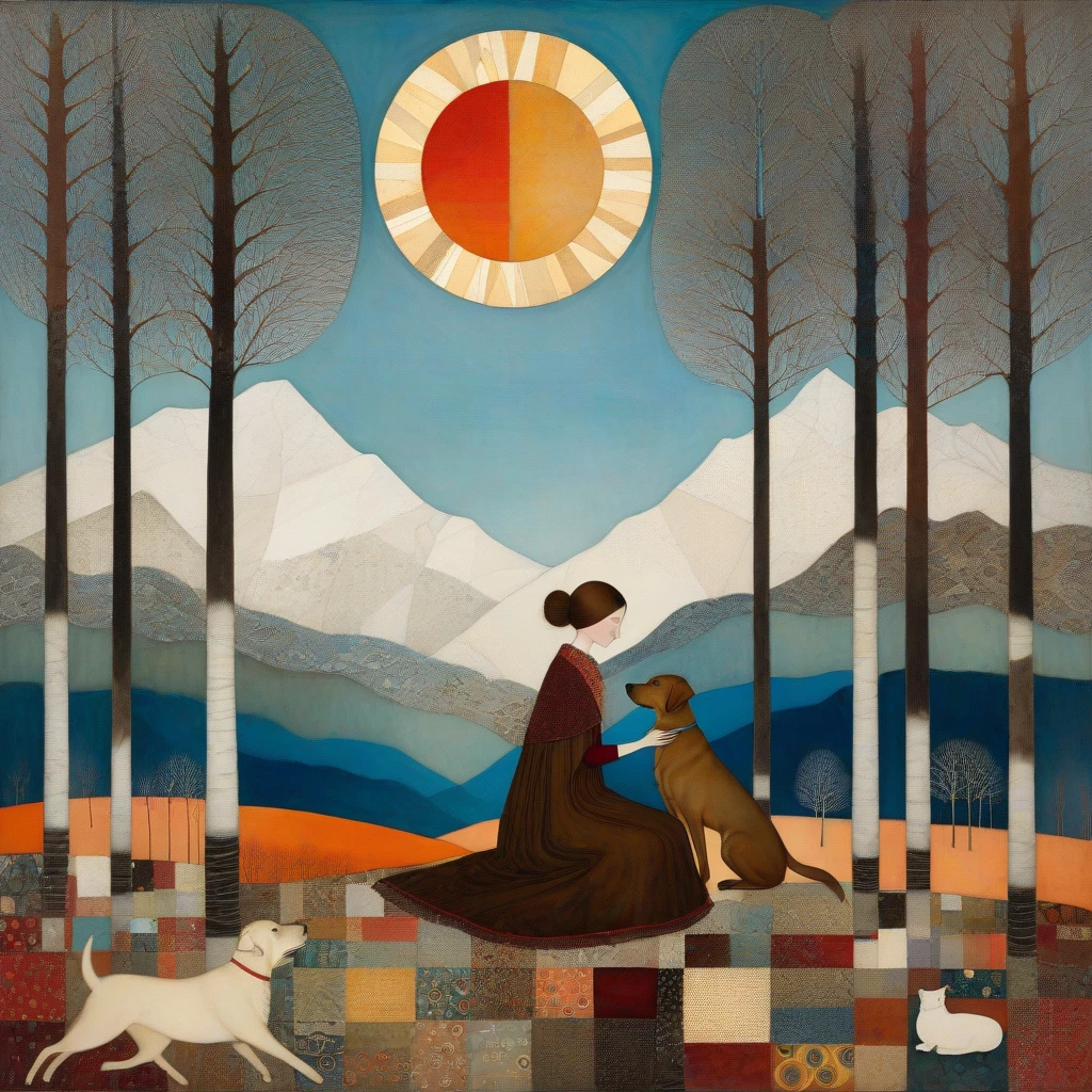 In the style of Klimt, Sam Toft, Florine Stettheimer, Dina Wakley, Catrin Welz-Stein, Gabriel Pacheco, Elisabeth Fredriks. In a forest clearing in winter, a woman is sitting, together with her (brown) Labrador dog, on a large patchwork blanket. Behind her is a wide valley with high snow-capped mountains. Sky with irregular glass rectangle pattern, sun disc in rectangles of different heights. Shades of colors, orange, red ochre, blue.
