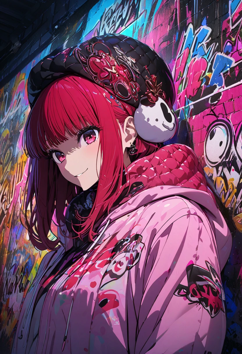 masterpiece,  best quality, 8k, detailed background, masterpiece,  best quality, smile,  ornament with yam,  HOODIE, Portraiture, Neon Red, graffiti, dark, night, Shining Eyes,  black light,Arima Kana