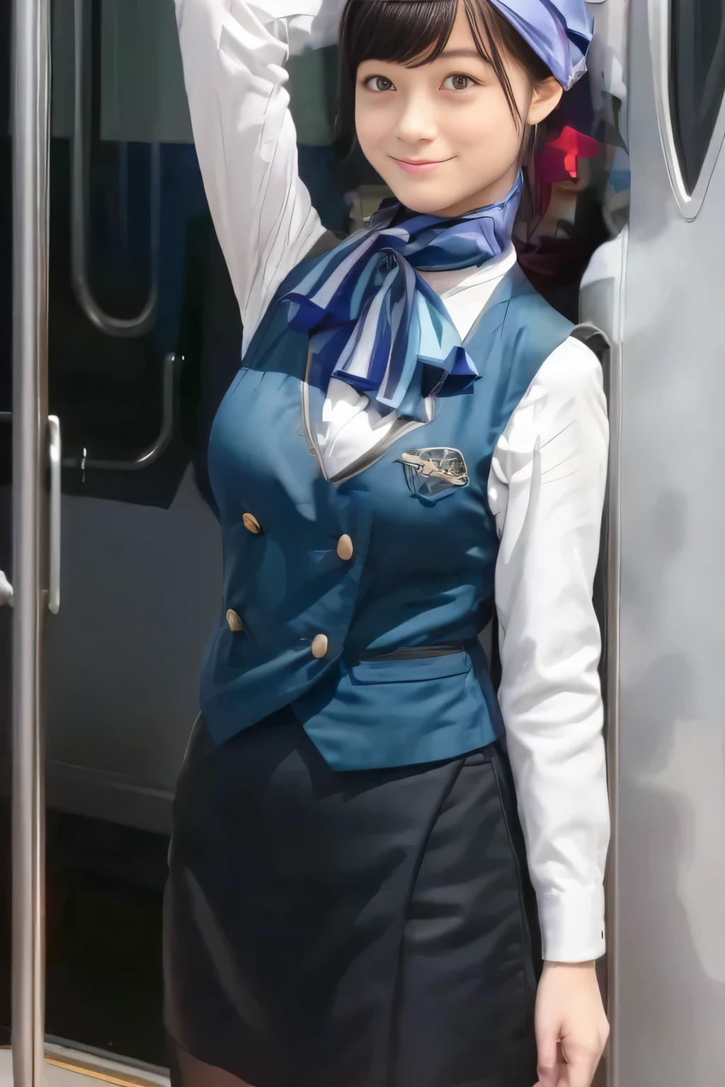 (masterpiece:1.2,  best quality:1.2), 32kHDR,  kampala, (Alone、  1 girl)、（What is 、  professional lighting）、In-flight background、（Nankai Train crew uniformを着たリアルなスタイル）、（（Nankai train crew uniform green vest））、（（ Nankai train crew uniform collarless white long sleeve blouse）） 、（（Black Curly Culotte Skirt 、Scarf around the neck））、 Dark brown hair 、（ Long Hair、Hair tied up、Hair tied up）、 Dark brown hair 、 Long Hit 、Big Breasts、Thin legs、（（ amazing hands：2.0）），（（  Harmonious Body Proportions ：1.5）），（（Normal limbs：2.0）），（（Usually refers to：2.0）），（（ delicate eyes ：2.0）），（（Normal eyes：2.0））)、smile、（Nankai Train crew uniformを着た美しい姿）、Hands clasped underneath
