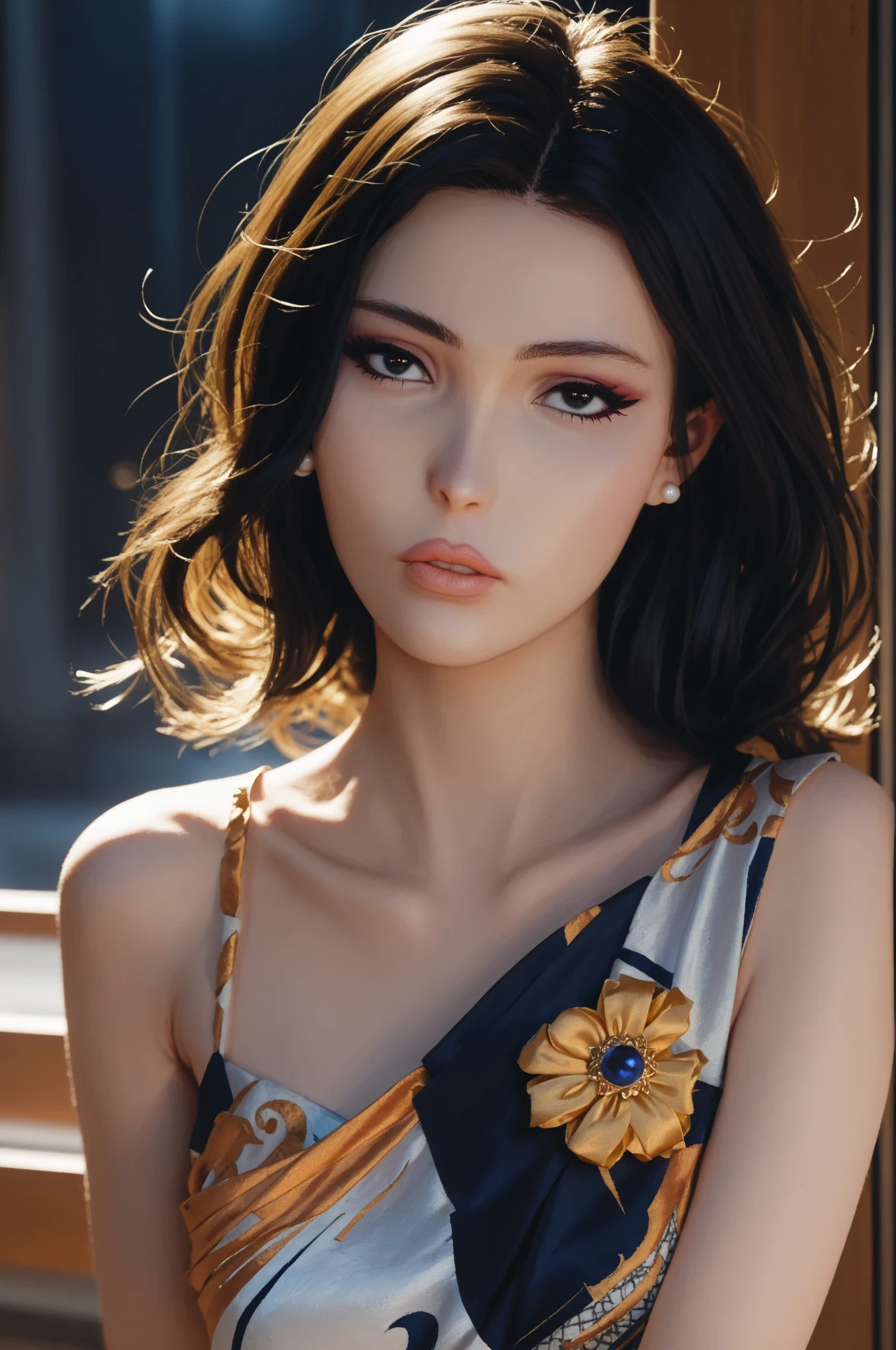 Create a full-body illustration of a petite (5'2"), European, elf-like female character with regal features. She has an oval face, a heart-shaped mouth, and a serious expression. Her almond-shaped eyes are black. Her reflective blue-black hair, styled in a low doughnut bun with side-swept bangs, is adorned with a slightly tilted red French beret. Pearl earrings accentuate her pointed ears. The character's outfit is elegant and incorporates white and black seigaiha patterns with accents of gold. She wears a fitted, layered white kimono-inspired blouse with short sleeves and black stripes, with a golden silk scarf tied around her neck. The ensemble is completed with a black umanori hakama, tied at her waist with an ornate knot. Mismatched tights add asymmetrical flair—one leg features fishnet material, while the other has a bandage-style wrap securing a holster at the thigh. Black ankle boots with white spats lend an antique touch to the look, while a golden Kyuudou-style yugake glove completes it. The background is textured and white, enhancing the ethereal, calming atmosphere. The artwork should be in refined anime realism, inspired by Guweiz and Ilya Kuvshinov, with a focus on an ethereal, calming atmosphere and dark, cool-toned colors. Refined anime realism, 8k resolution, HDR, smooth gradient colors, dramatic lighting, gradient shadows, soft shading, polished finish, clean rendering, detailed textures, high-res illustration, clear and crisp lines, (best quality:1.3), (fashionable luxury outfit), lace trims, (classic fashion), (cotton and silk), serious expression, almond-shaped black eyes, stylized expressions, harmonious facial structure, clear and glowing skin, expressive face, elegant facial details, long eyelashes, (European-inspired beauty), (porcelain skin tone), (rosy lips), (full lips), (delicate jawline), (sculpted cheekbones), (glossy finish), aesthetic layout, harmonious color schemes, well-composed, centered subject, low doughnut bun, fishnets.