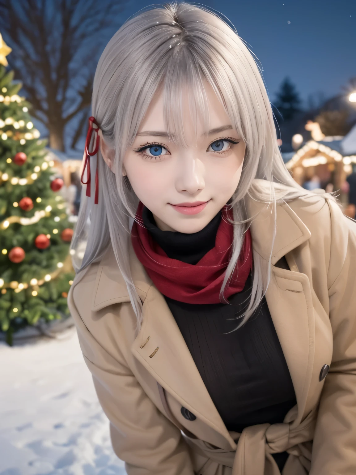 natural skin, (close up:1.75) photo of as (young:1.0) (cute Russian girl), Looking at camera, (slick undercut hair:1.2), (8k uhd:1.0), (best quality:1.0), (masterpiece:1.0), (sharp focus:1.0), (basic grey backdrop:1.0), Realistic photos,
BREAK stylish pose, active angle,
BREAK 1girl, solo, (Lean figure), smile,
BREAK alisa mikhailovna kujou,
BREAK ((long hair, straight hair, sideburns, silver hair, hair ribbon, crossed bangs, ahoge)), blue eyes, slant eyes, long eye lasher, (medium breasts, seductive thighs), slender, outstanding style,
BREAK {uniform, outfit, clothes}, christmas costume, ((Turtleneck Sweater, Pea Coat, Scarf,))
BREAK (Shining city of Christmas illuminations: 1.3), (Sparkling Christmas tree and decorations: 1.4), (Joyful Christmas Market:1.3), (Fantastic square decorated for Christmas:1.3), (Festive Decorations:1.3),
, BREAK, (Magical Street Lamps:1.3), (Shopping Extravaganza:1.4), (Night Strolls and Romance:1.3),
, BREAK, (Enchanting Snowscape:1.3), (street corner where snow falls quietly:1.3),