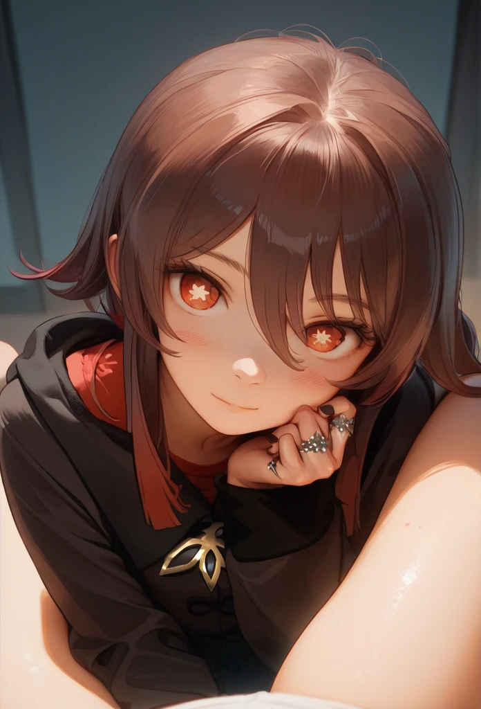 (best quality) (masterpiece) (ultra_detailed) Hu tao, slim, fit,  anime look, anime style, wearing reddish hoodie,  1girl, Solo, High Resolution, , POV, Accurate, Looking at viewer, doing something fun together, 