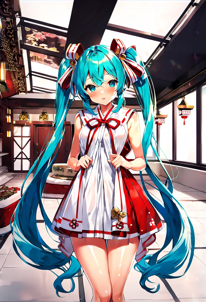 (hatsune miku:1.2), (virgin killer shrine maiden clothes:1.4), (blush:1.4), (gleaming skin, shiny skin:1.4), (cowboy shot:1.4), (luxurious penthouse, indoor rooftop shrine:1.4), 