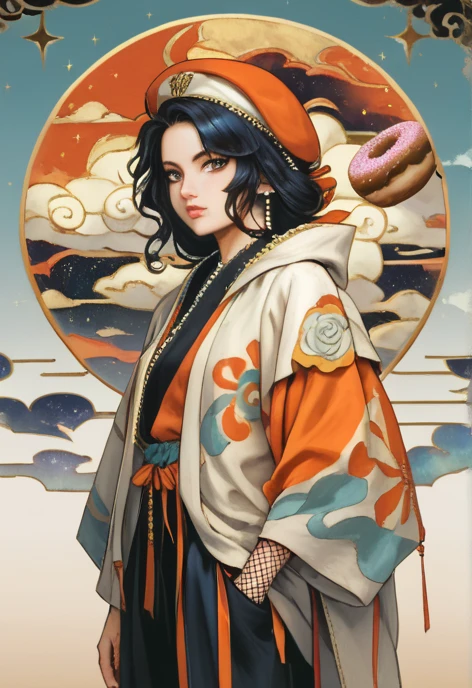 Create a full-body illustration of a petite (5'2"), European, elf-like female character with regal features. She has an oval face, a heart-shaped mouth, and a serious expression. Her almond-shaped eyes are black. Her reflective blue-black hair, styled in a low doughnut bun with side-swept bangs, is adorned with a slightly tilted red French beret. Pearl earrings accentuate her pointed ears. The character's outfit is elegant and incorporates white and black seigaiha patterns with accents of gold. She wears a fitted, layered white kimono-inspired blouse with short sleeves and black stripes, with a golden silk scarf tied around her neck. The ensemble is completed with a black umanori hakama, tied at her waist with an ornate knot. Mismatched tights add asymmetrical flair—one leg features fishnet material, while the other has a bandage-style wrap securing a holster at the thigh. Black ankle boots with white spats lend an antique touch to the look, while a golden Kyuudou-style yugake glove completes it. The background is textured and white, enhancing the ethereal, calming atmosphere. The artwork should be in refined anime realism, inspired by Guweiz and Ilya Kuvshinov, with a focus on an ethereal, calming atmosphere and dark, cool-toned colors. Refined anime realism, 8k resolution, HDR, smooth gradient colors, dramatic lighting, gradient shadows, soft shading, polished finish, clean rendering, detailed textures, high-res illustration, clear and crisp lines, (best quality:1.3), (fashionable luxury outfit), lace trims, (classic fashion), (cotton and silk), serious expression, almond-shaped black eyes, stylized expressions, harmonious facial structure, clear and glowing skin, expressive face, elegant facial details, long eyelashes, (European-inspired beauty), (porcelain skin tone), (rosy lips), (full lips), (delicate jawline), (sculpted cheekbones), (glossy finish), aesthetic layout, harmonious color schemes, well-composed, centered subject, low doughnut bun, fishnets.