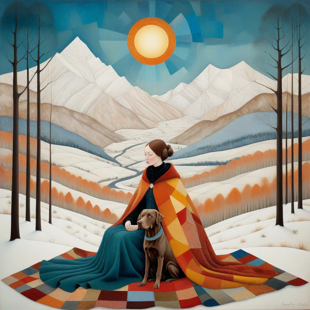 In the style of Klimt, Sam Toft, Florine Stettheimer, Dina Wakley, Catrin Welz-Stein, Gabriel Pacheco, Elisabeth Fredriks. In a forest clearing in winter, a woman is sitting, together with her (brown) Labrador dog, on a large patchwork blanket. Behind her is a wide valley with high snow-capped mountains. Sky with irregular glass rectangle pattern, sun disc in rectangles of different heights. Shades of colors, orange, red ochre, blue.
