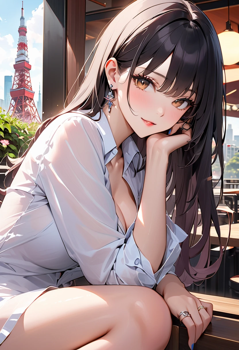 masterpiece, Best Quality, Very detailed, 1 girl beautiful face, Long black hair in a ponytail,  Very detailed eyes, bright Eyes, evening,   penis in the face, big penis, penis over one eye