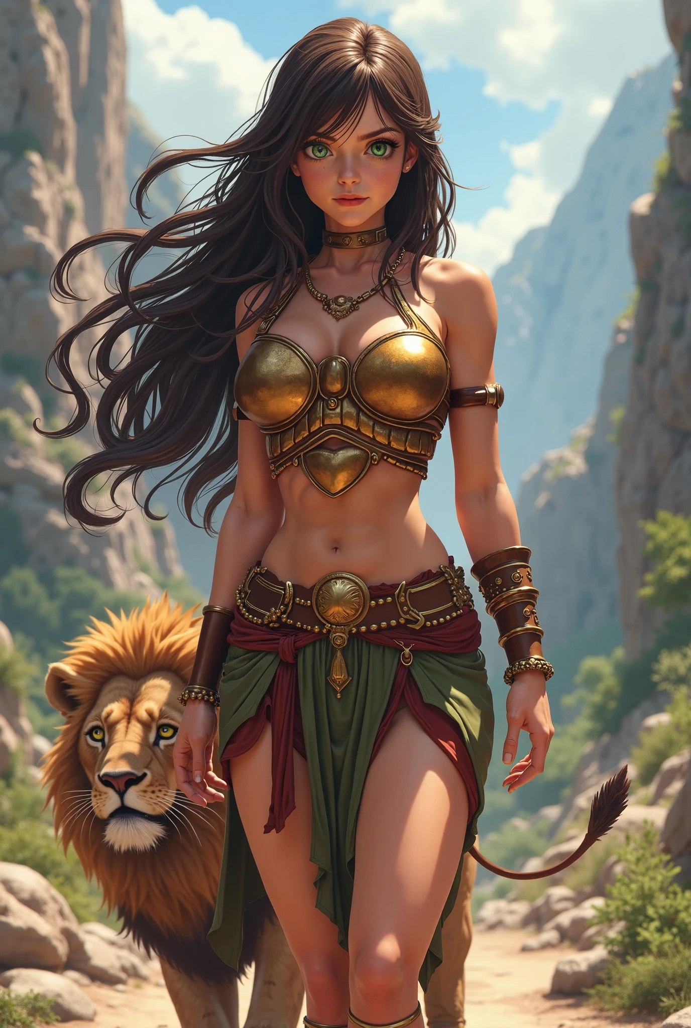Arafed picture of a desert princess BREAK and her pet cougar in her palace high details, best quality, 16k, f a female human princess and her pet cougar, princess of the desert, full body, ((anatomically correct: 1.5)) ((standing: 1.5)) proudly royalty demeanor, a woman, (best detailed face: 1.5), Ultra Detailed face, wearing royal desert dress, decorated with gems, wearing princess tiara, small cleavage, thigh high intricate leather high heeled boot, thick hair, long hair, brown hair, tan skin intense brown eyes, her epic desert (cougar : 1.3) lying at her feet, guarding her, an epic fantasy desert palace in an oasis in the background (intricate details, Masterpiece, best quality: 1.5) night, moon light, stars ,Wide-Angle, award winning, best quality, high quality, high details, highres, vibrant, Ultra-high resolution, High Contrast, (masterpiece:1.5), highest quality, Best aesthetics, best details, best quality, highres, ultra wide angle, 16k, [ultra detailed], masterpiece, best quality, chumbasket art style, Cinematic Hollywood Film,
