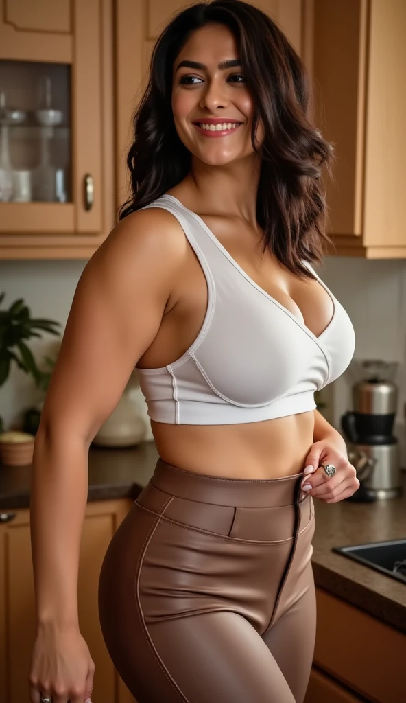 Blonde woman with lighter locks, beautiful Brazilian woman in her 30s, in tight brown leather leggings , wearing low-cut white lycra sports top, big and perfect breast, posing sideways in the kitchen, cinematic light, smiling, flirts with the camera, sultry posing , photo taken from above