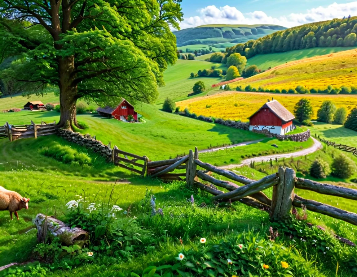 a pastoral idyll, a serene and picturesque countryside landscape, a lush green meadow with blooming wildflowers, a babbling brook winding through the scene, a wooden fence with a rustic gate, a red barn in the distance, a herd of grazing sheep, a farmer tending to the land, warm golden sunlight filtering through the trees, (best quality,4k,8k,highres,masterpiece:1.2),ultra-detailed,(realistic,photorealistic,photo-realistic:1.37),vibrant colors,natural lighting,pastoral,idyllic,countryside,landscape,hyperrealistic