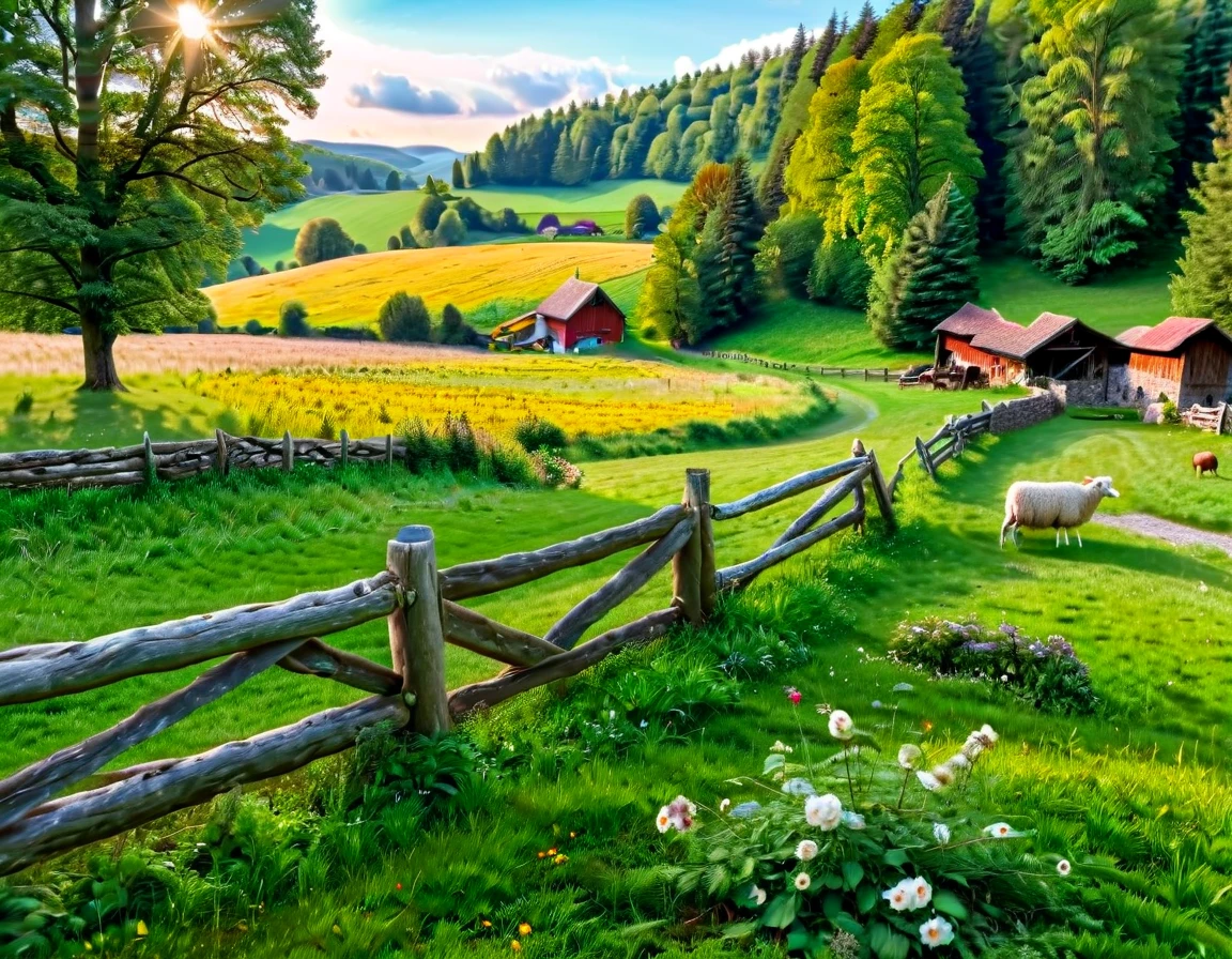 a pastoral idyll, a serene and picturesque countryside landscape, a lush green meadow with blooming wildflowers, a babbling brook winding through the scene, a wooden fence with a rustic gate, a red barn in the distance, a herd of grazing sheep, a farmer tending to the land, warm golden sunlight filtering through the trees, (best quality,4k,8k,highres,masterpiece:1.2),ultra-detailed,(realistic,photorealistic,photo-realistic:1.37),vibrant colors,natural lighting,pastoral,idyllic,countryside,landscape,hyperrealistic