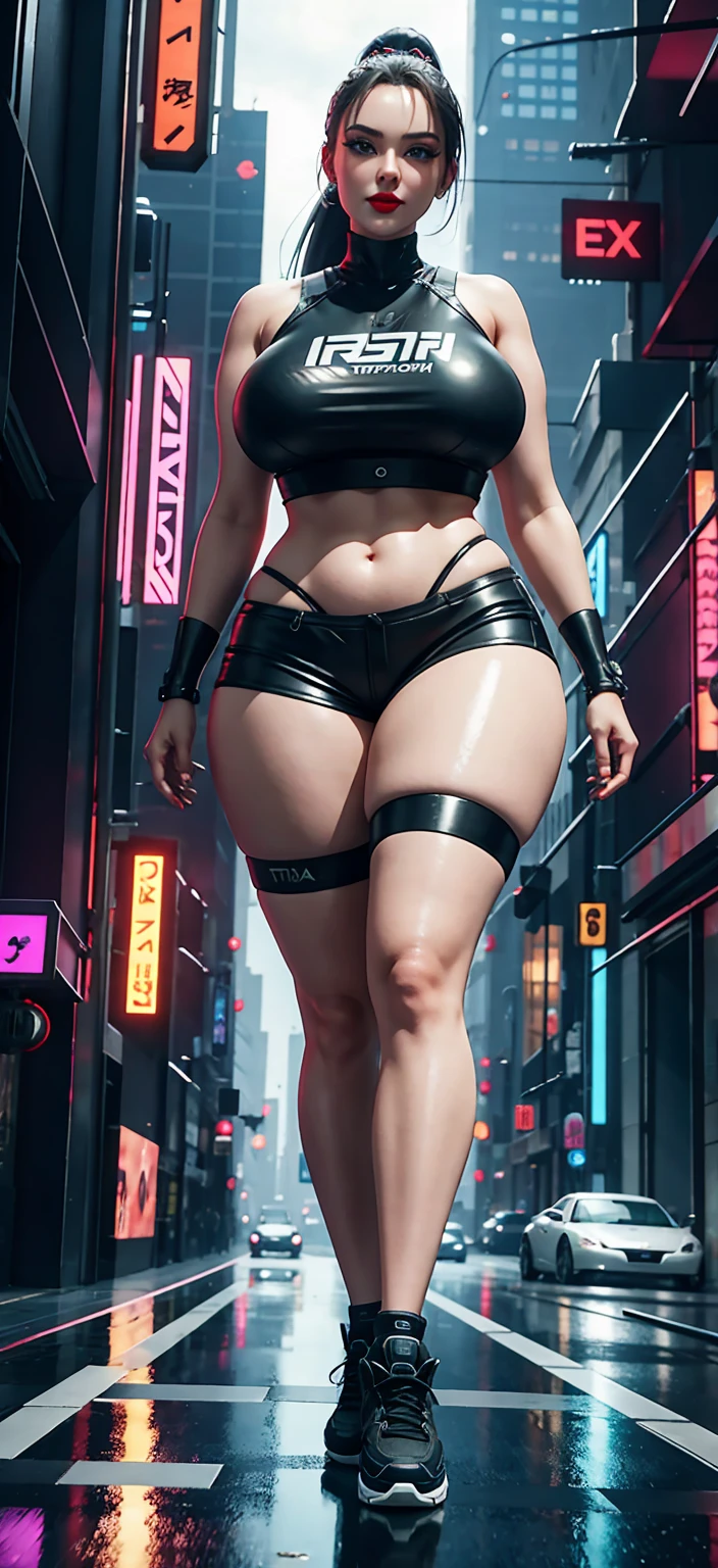 Hyperrealistic version of a woman giant. A giant woman in a bikini lying on top of a cyberpunk city, Little guys running around the giant girl, Standing on her hand, cgsociety 9, 2. 5 d cgi fantasy art, engine rendering unreal + a goddess, full body cgsociety, artgerm ; Hyper realistic 3d content, giant art, super detailed 3d matte paintings, super detailed 3d matte paintings, realistic fantasy art, realistic 3 d anime style. Beautiful girl. Big thighs."The little people stood on the top of a high-rise building waving to the girl".Wear short skirts.