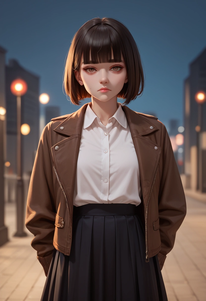 score 9, score 8_up, score 7_up, score real, beautiful face woman, Accurate limb expression, Troubled face、((brown short hair, blunt bangs)), amazing hourglass figure, (dark color long jacket and long skirt),(white collared long sleeve shirt), ((untucked shirt:1.2)), perfect figure, city at night, (standing with　Arms folded behind back) ,Arms behind back, front view, score_9, score_8_up, score_7_up, source real, real skin, BREAK,, score_9, score_8_up, score_7_up, score_9, score_8_up, score_7_up, face,score_9, score_8_up, score_7_up,source_real,real skin, BREAK