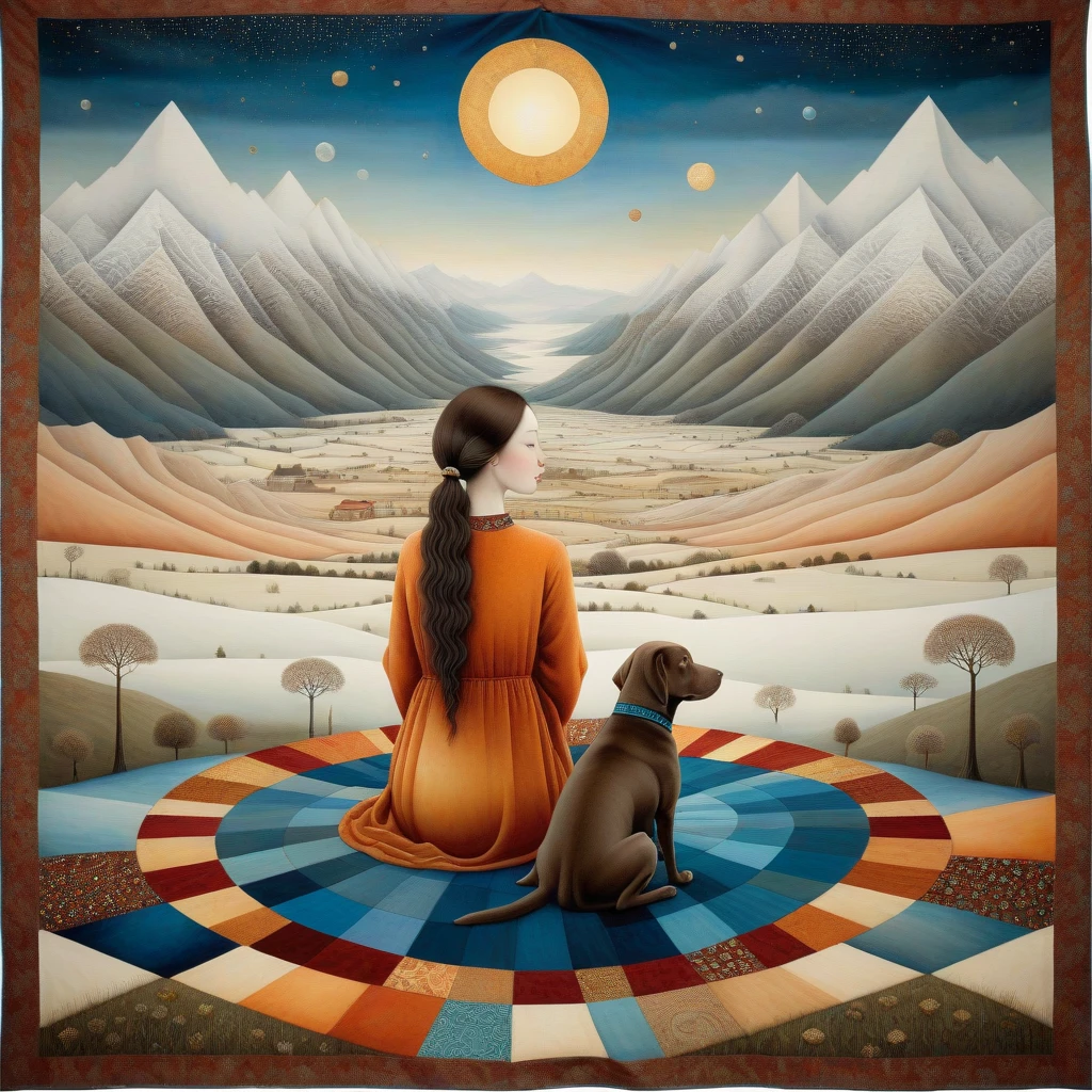 Patchwork by Klimt, Nicoletta Ceccoli, Naoto Hattori, Catrin Welz-Stein, Leonora Carrington of wide shot of a woman is sitting, together with her (brown) Labrador dog, on a large patchwork blanket. Behind her is a wide valley with high snow-capped mountains. Sky with irregular glass rectangle pattern, sun disc in rectangles of different heights. Shades of colors, orange, red ochre, blue.