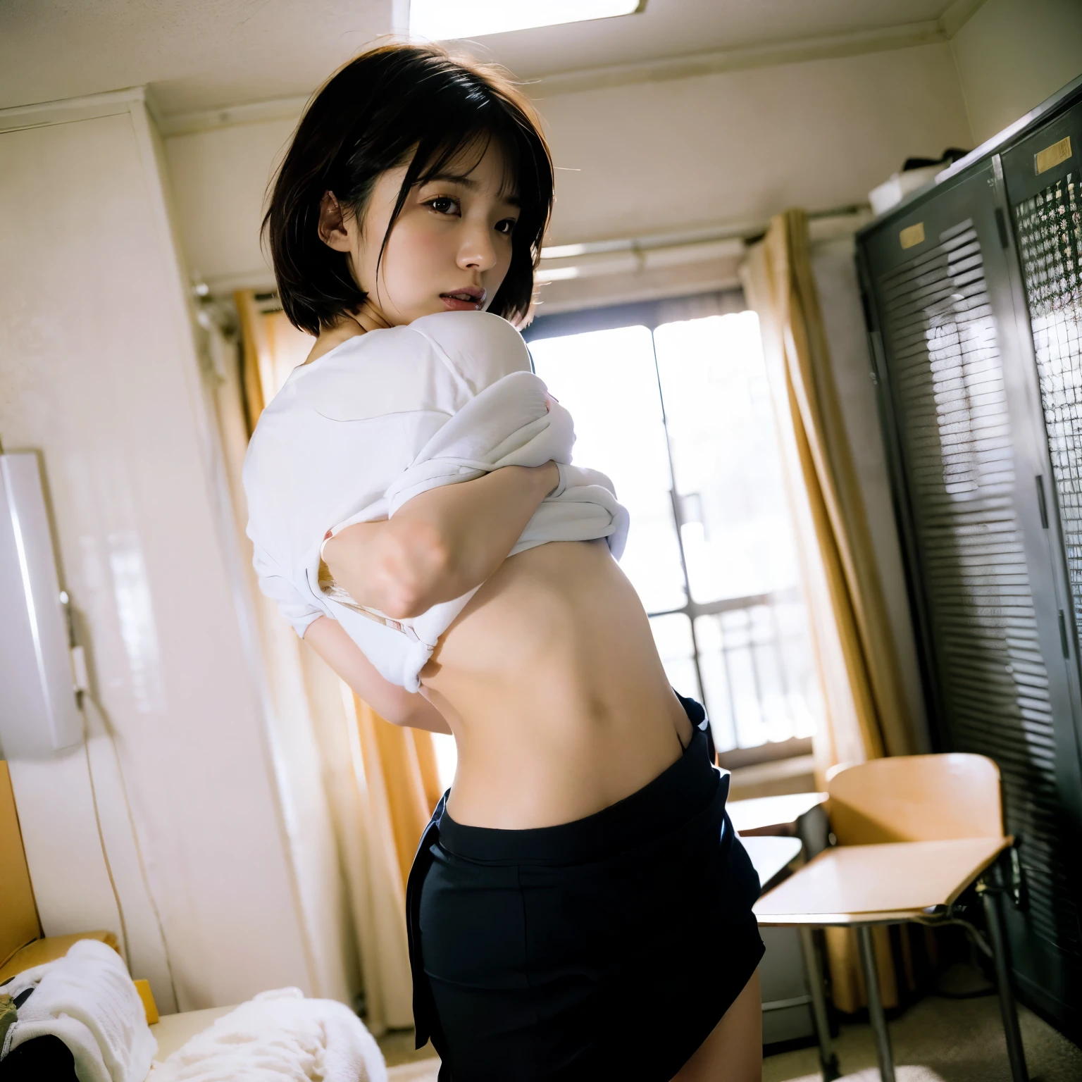 (Realistic, photo-Realistic:1.4),( best quality,masterpiece), RAW photo, High Definition , intricate detail, delicate details, Incredibly Detailed , Very detailed, cinematic lighting , (whole body, Front view:1.5), 2 girls:1.8, 2 women, Japanese woman standing, slouching forward, Small face, thin, Big Breasts:1.4, slender, thin legs, ( shirt, skirt, wear :1.4), ( very short hair:1.2), detailed face , beautiful detailed eyes, Pale skin, (undressing shirt:1.4, take off panties , panty pull :1.3), Exposed Chest ,
Photo Backdrop , Locker room