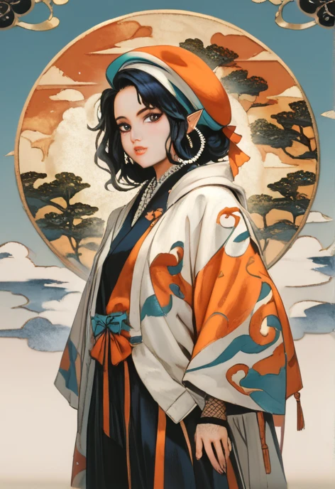 Create a full-body illustration of a petite (5'2"), European, elf-like female character with regal features. She has an oval face, a heart-shaped mouth, and a serious expression. Her almond-shaped eyes are black. Her reflective blue-black hair, styled in a low doughnut bun with side-swept bangs, is adorned with a slightly tilted red French beret. Pearl earrings accentuate her pointed ears. The character's outfit is elegant and incorporates white and black seigaiha patterns with accents of gold. She wears a fitted, layered white kimono-inspired blouse with short sleeves and black stripes, with a golden silk scarf tied around her neck. The ensemble is completed with a black umanori hakama, tied at her waist with an ornate knot. Mismatched tights add asymmetrical flair—one leg features fishnet material, while the other has a bandage-style wrap securing a holster at the thigh. Black ankle boots with white spats lend an antique touch to the look, while a golden Kyuudou-style yugake glove completes it. The background is textured and white, enhancing the ethereal, calming atmosphere. The artwork should be in refined anime realism, inspired by Guweiz and Ilya Kuvshinov, with a focus on an ethereal, calming atmosphere and dark, cool-toned colors. Refined anime realism, 8k resolution, HDR, smooth gradient colors, dramatic lighting, gradient shadows, soft shading, polished finish, clean rendering, detailed textures, high-res illustration, clear and crisp lines, (best quality:1.3), (fashionable luxury outfit), lace trims, (classic fashion), (cotton and silk), serious expression, almond-shaped black eyes, stylized expressions, harmonious facial structure, clear and glowing skin, expressive face, elegant facial details, long eyelashes, (European-inspired beauty), (porcelain skin tone), (rosy lips), (full lips), (delicate jawline), (sculpted cheekbones), (glossy finish), aesthetic layout, harmonious color schemes, well-composed, centered subject, low doughnut bun, fishnets.