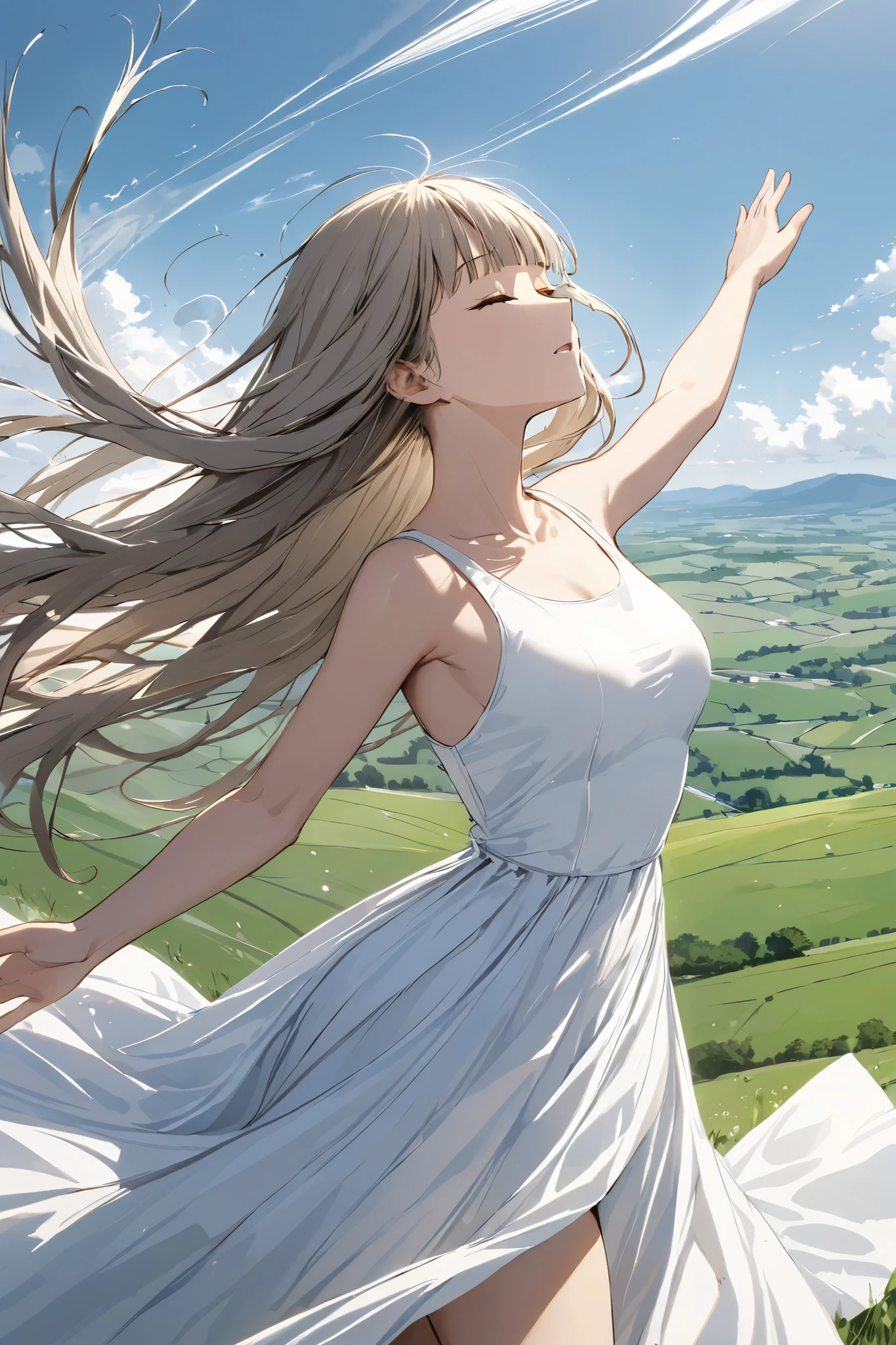 from side ,from above,Wind effect lines, wind depiction,A woman in a white one-piece dress on a hill with a view of the countryside, hands outstretched wide, wind blowing all over her body, eyes closed, calm expression, skirt spreading in the wind, ,Beautiful thighs, hand, {{masterpiece}}, {{{Highest quality}}},{{Very detailed}},,Straight hair,Long hair , blunt bangs,,,(((white background))),